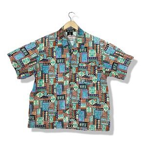 Vtg Toucan Dance Hawaiian Button Shirt Men XL Tribal Geometric Retro Vacation